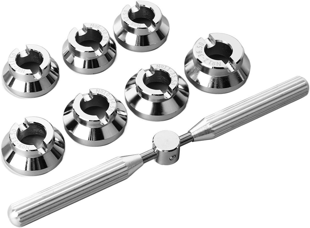 SnelShoppen - Professionele Horloge Kast Openaar Set met 7 Stuks Mallen, Draagbare Opener met Metalen Stand en Sleutel, Voor Horlogeliefhebbers en Pro