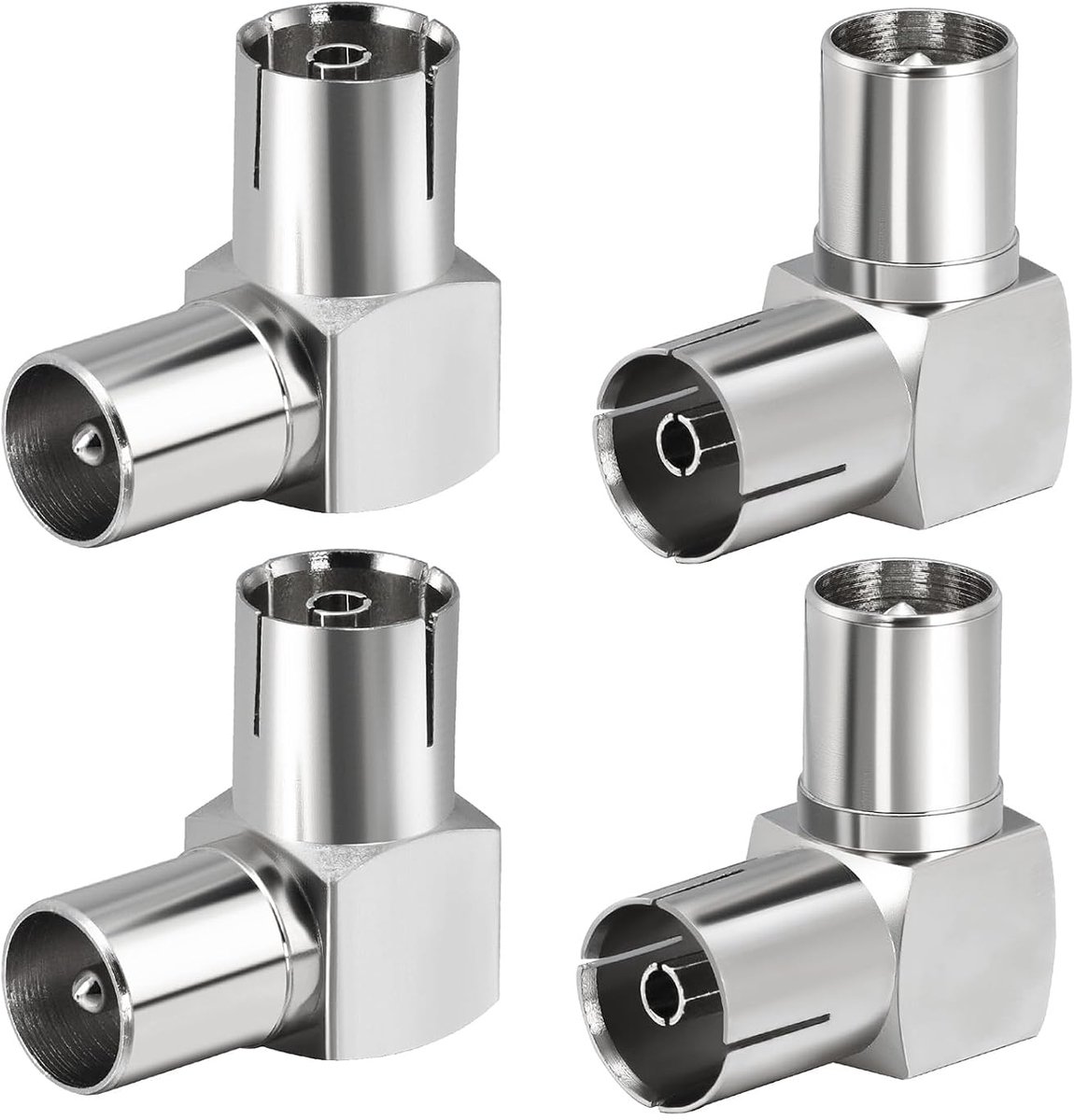 SnelShoppen - TV Antenne Male naar Female 90 Graden Coaxiale Plug Adapter - 4 Stuks - Ruimtebesparend - Voor Antenne en Satellietkabel - Zilver - 75 O