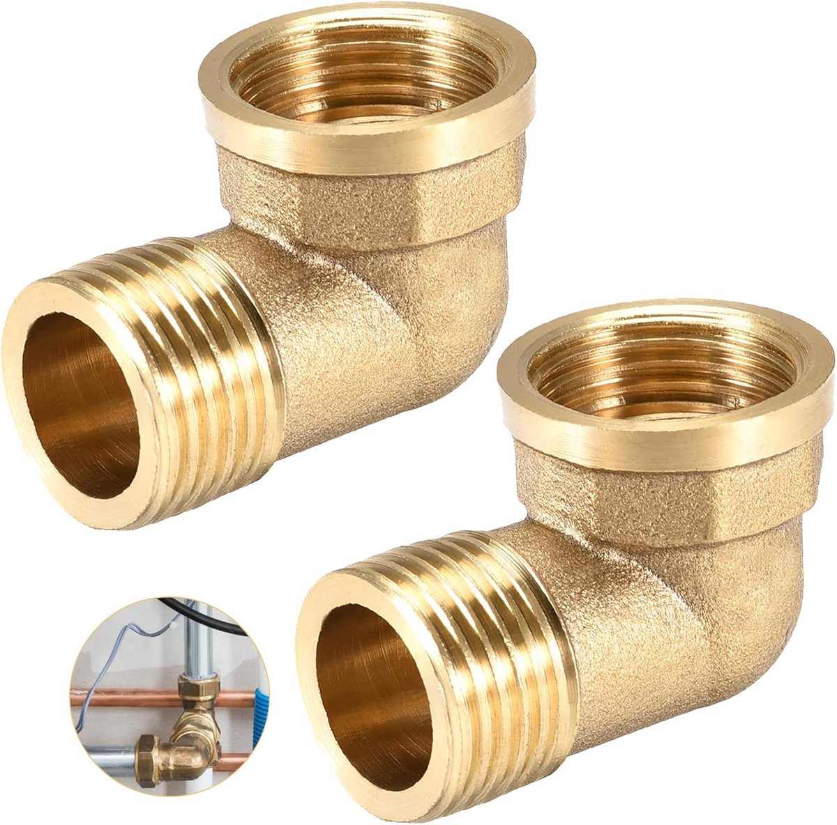 SnelShoppen - 2x Messing Bocht 1 Inch IG/AG, 90 Graden, DN25 Sanitair Fittingen, 1 Inch Vrouwelijk x Mannelijk Draad, Pijp Bocht, Messing Koppeling