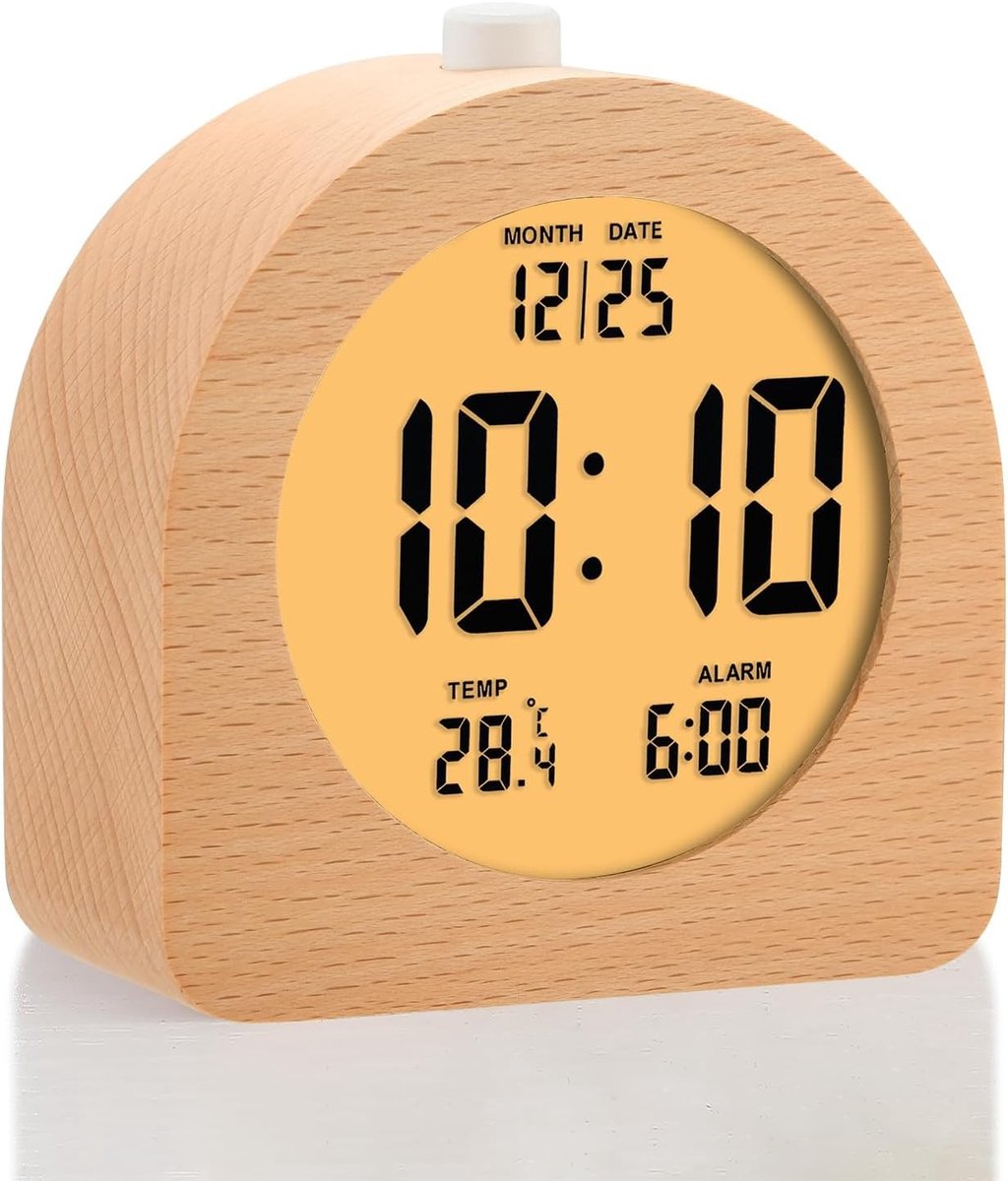 Houten Digitale Alarmklok voor Slaapkamers, Batterijgevoede Klok met Nachtlampje, LCD Weergave van Tijd, Datum en Temperatuur, 12/24 Uur Weergave