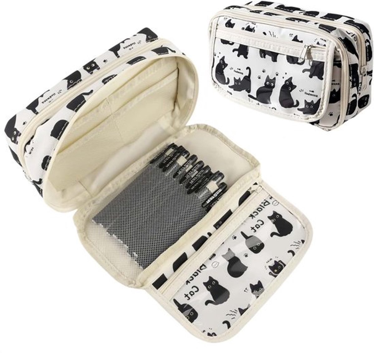 Schattige katten etui met 4 compartimenten voor meisjes en tieners, ruime opbergruimte voor schoolbenodigdheden en accessoires