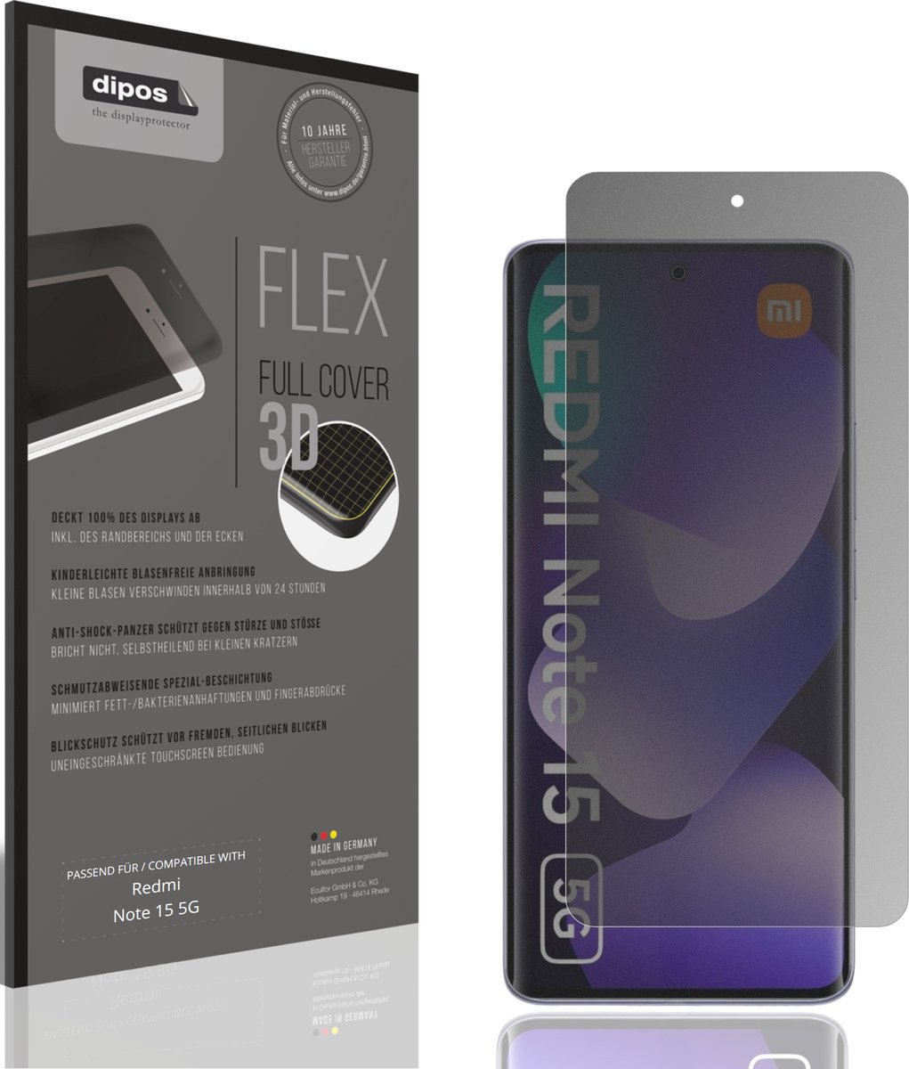 dipos FLEX – Matte Privacy Screenprotector geschikt voor Redmi Note 15 5G | Volledige Schermbescherming | Case-Friendly
