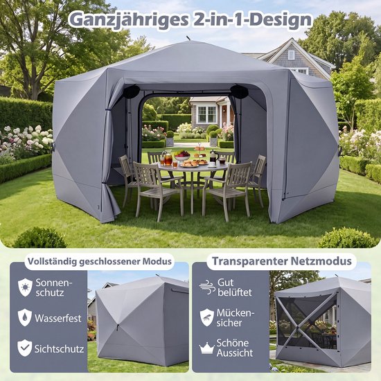 COSTWAY Pop-up paviljoen, 427 x 427 cm, tuinpaviljoen voor 10-12 personen - Partytent met 6 zijdelen en muggennetten, campingtent met draagbare roltas, voor tuin, terras en camping van Costway — afbeelding 2