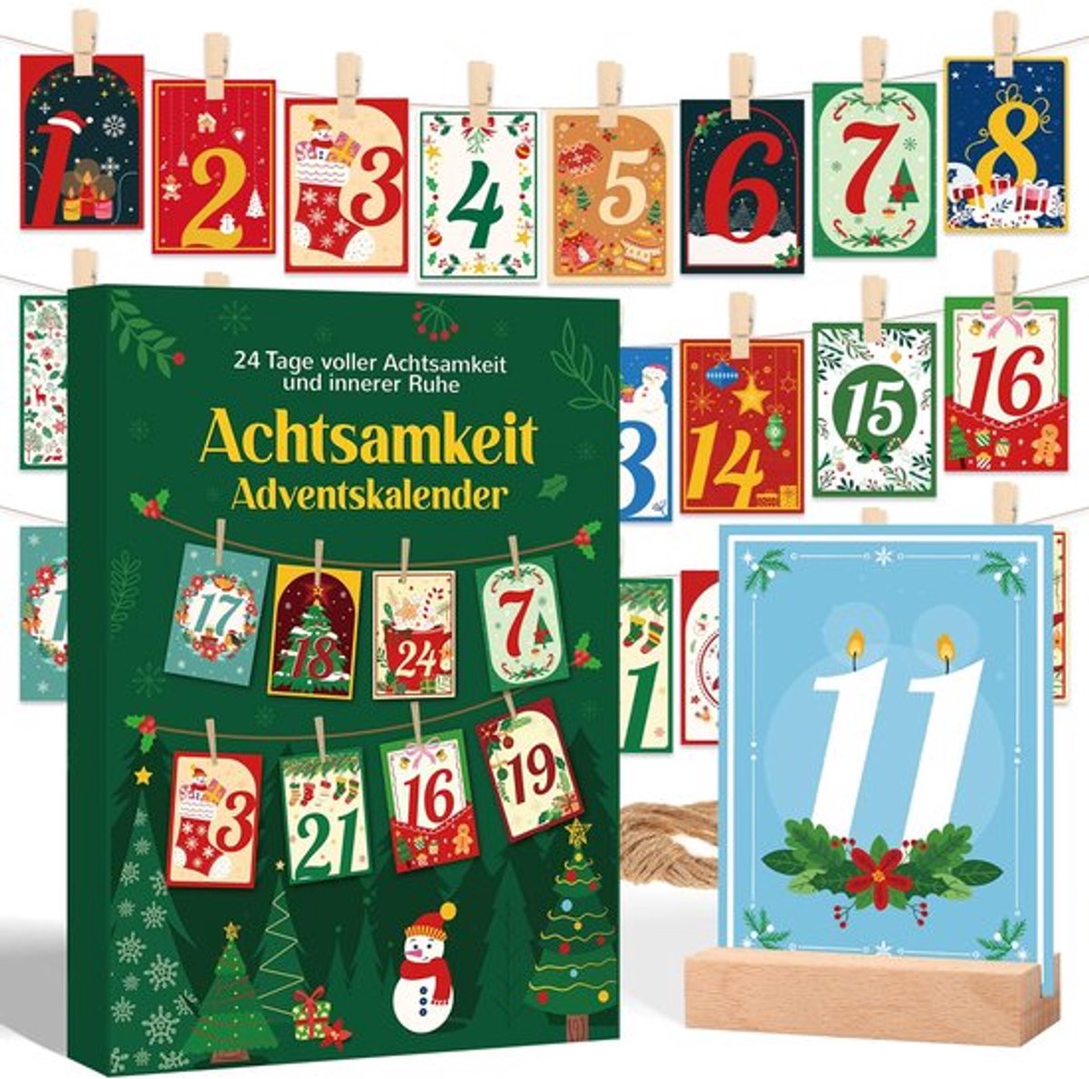 Mindfulnesskalender 2025, mindfulness-adventskalender voor vrouwen, mindfulnesskaarten, cadeau, mindfulness-oefeningen, met clips draden, motivatiereflectie