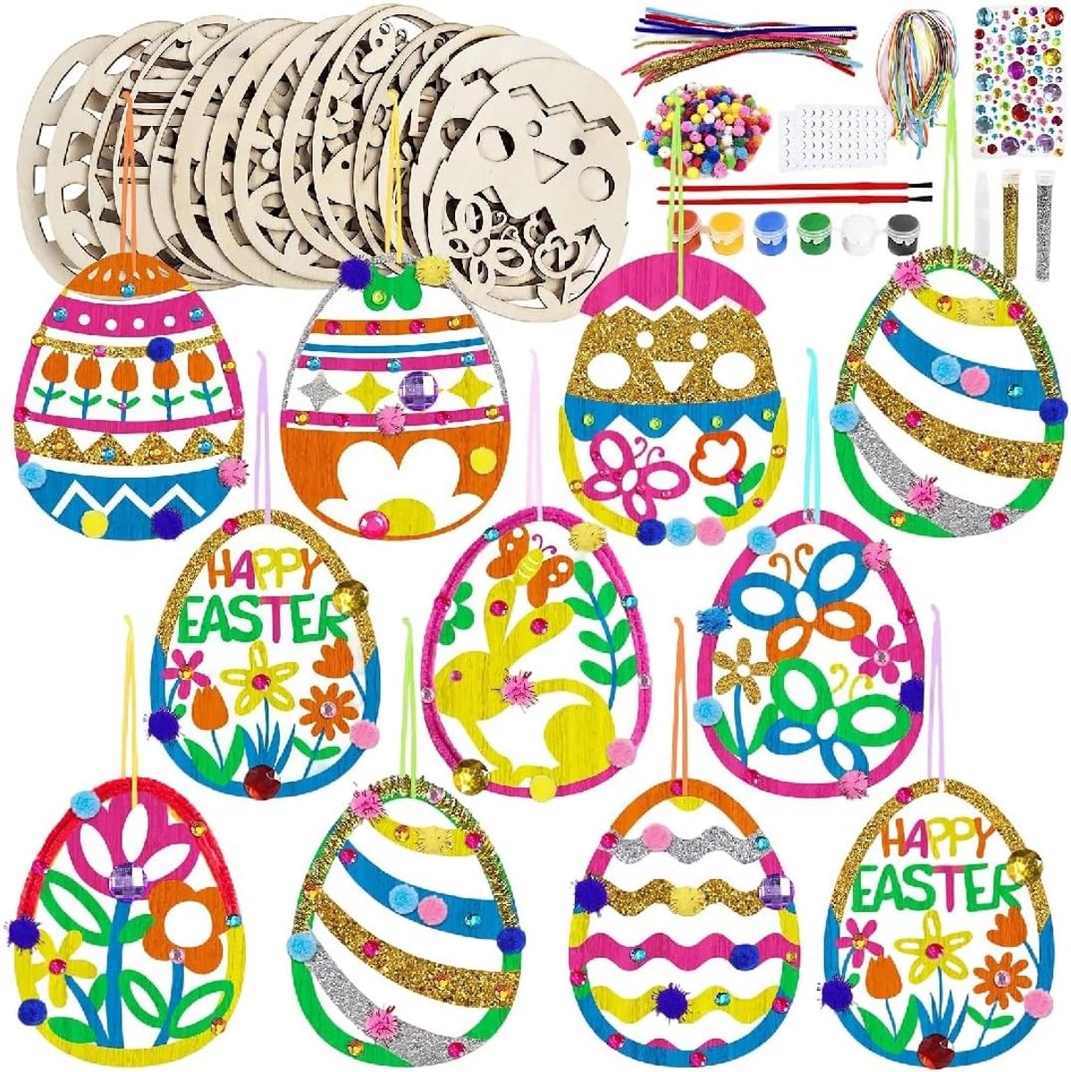 Creatieve Paasactiviteiten voor Kinderen, Houten Eieren om te Schilderen, 328-delige Knutselset met Pompoms, Decoratieve Koord en Stickers