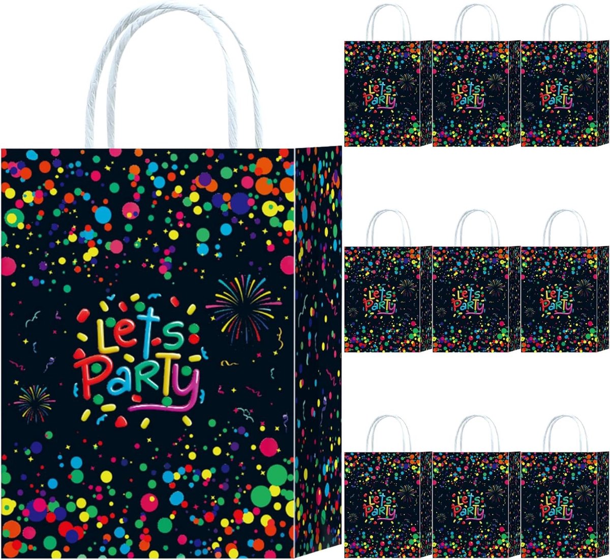 Neon Feesttassen Set van 10, Glanzende Papieren Tassen met Handvat voor Verjaardagsfeestjes, Neon Carnaval en Feestcadeaus