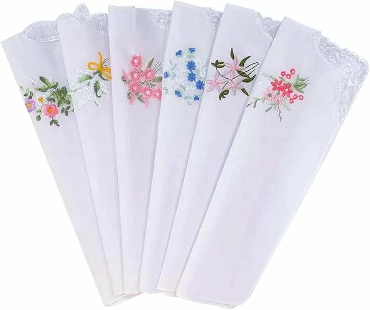 Set van 6 Zachte Katoenen Zakdoeken voor Vrouwen, Duurzaam met Bloem Borduursel en Kant, Perfect voor Bruiloften, Feesten en Prom