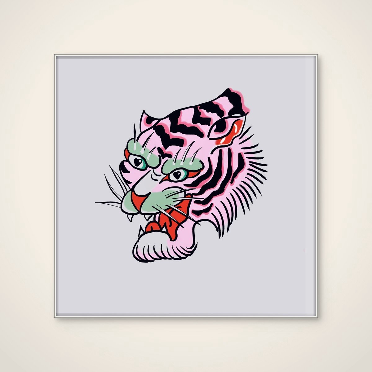Akoestisch schilderij - 80 x 80 cm - Pink Roaring Tiger van Mela Patterns - Dieren wanddecoratie - wit textielframe