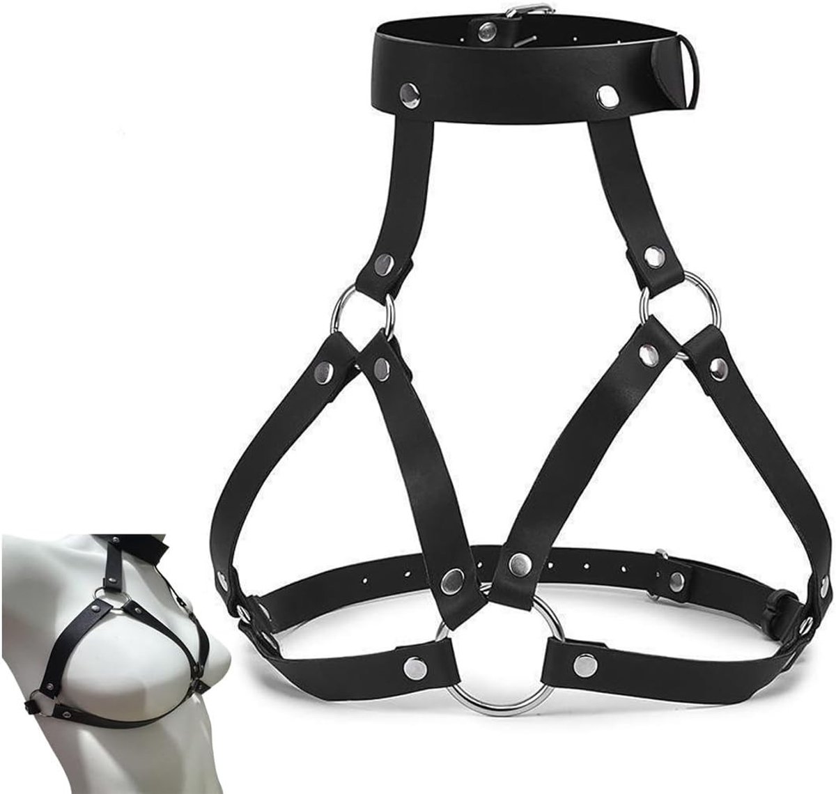 Zwarte Leren Body Chain met Keten voor Gothic Rave, Disco Feest en Halloween Kostuums