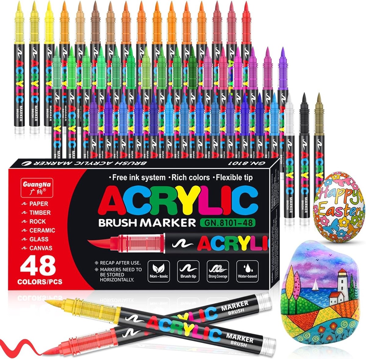 Acrylstiften Set - Waterdicht - 48 Levendige Kleuren - Flexibele Penseelpunt - Voor Alle Kunstenaars
