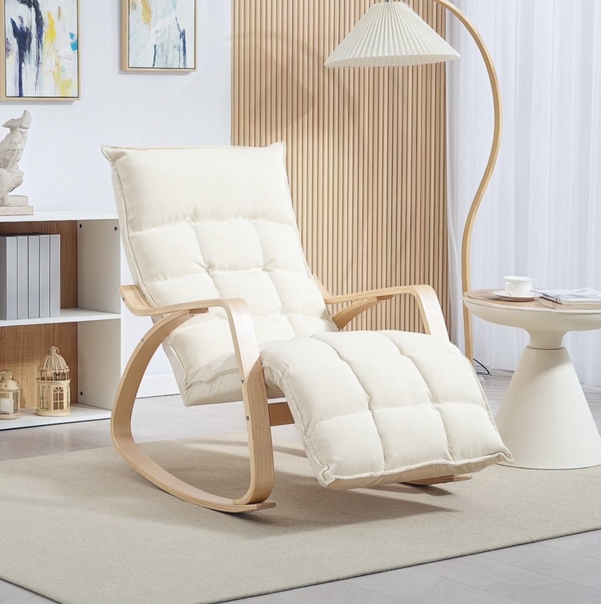 MIVRAY Schommelstoel 67 x 123 x 92 cm - Verstelbare Voetsteun En Zachte Schommelfunctie - Voor Woonkamer En Slaapkamer - Stof Crèmewit