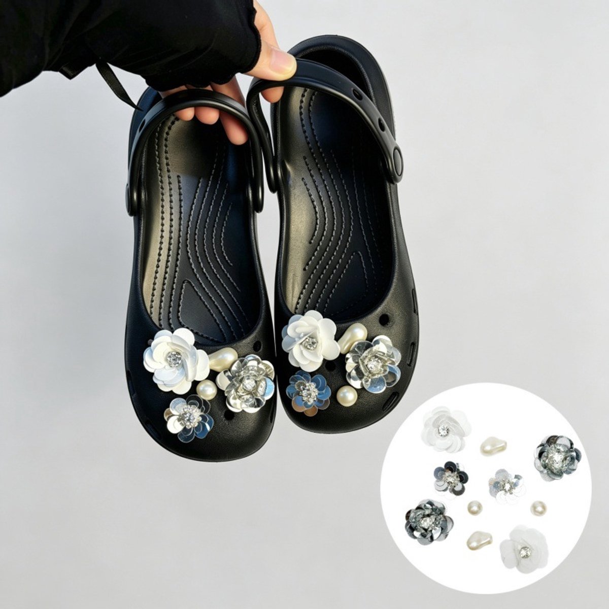 Schoenaccessoires-geschikt voor crocs charms- geschikt voor crocs pins- geschikt voor crocs Accessoires- geschikt voor Crocs Jibbitz-CJ-404 Mist Silver Pearl Camellia