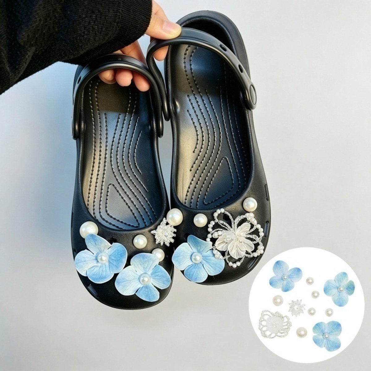 Schoenaccessoires-geschikt voor crocs charms- geschikt voor crocs pins- geschikt voor crocs Accessoires- geschikt voor Crocs Jibbitz-CJ-368 Mist Blue Pearl Butterfly Flower