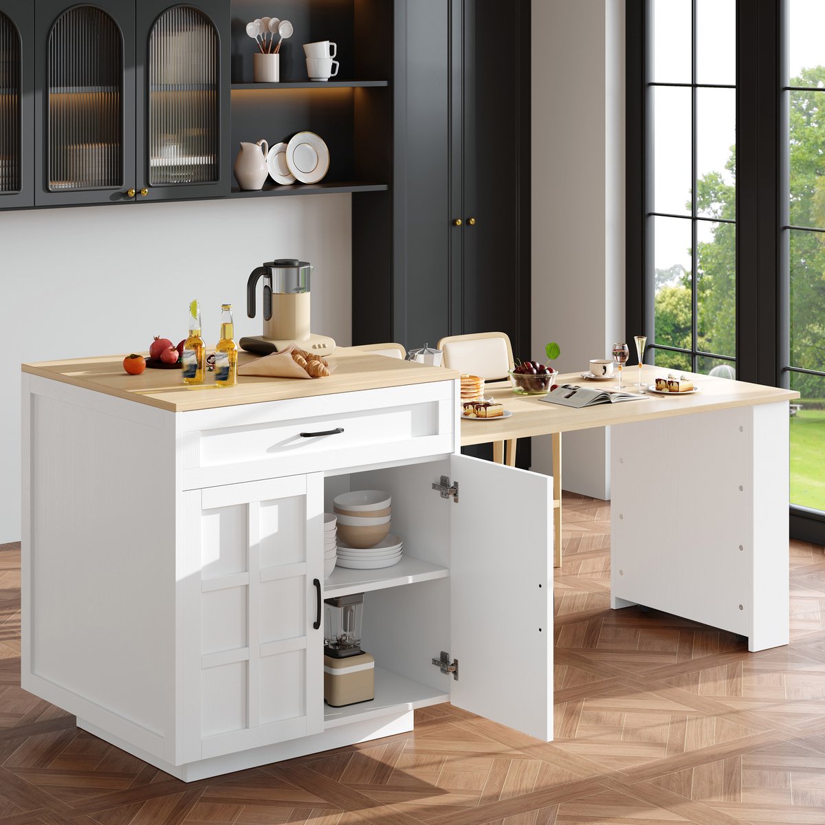 COVREO Bartafel 133-202 x 70 x 93,5 cm - uitschuifbaar, met opbergruimte, wit