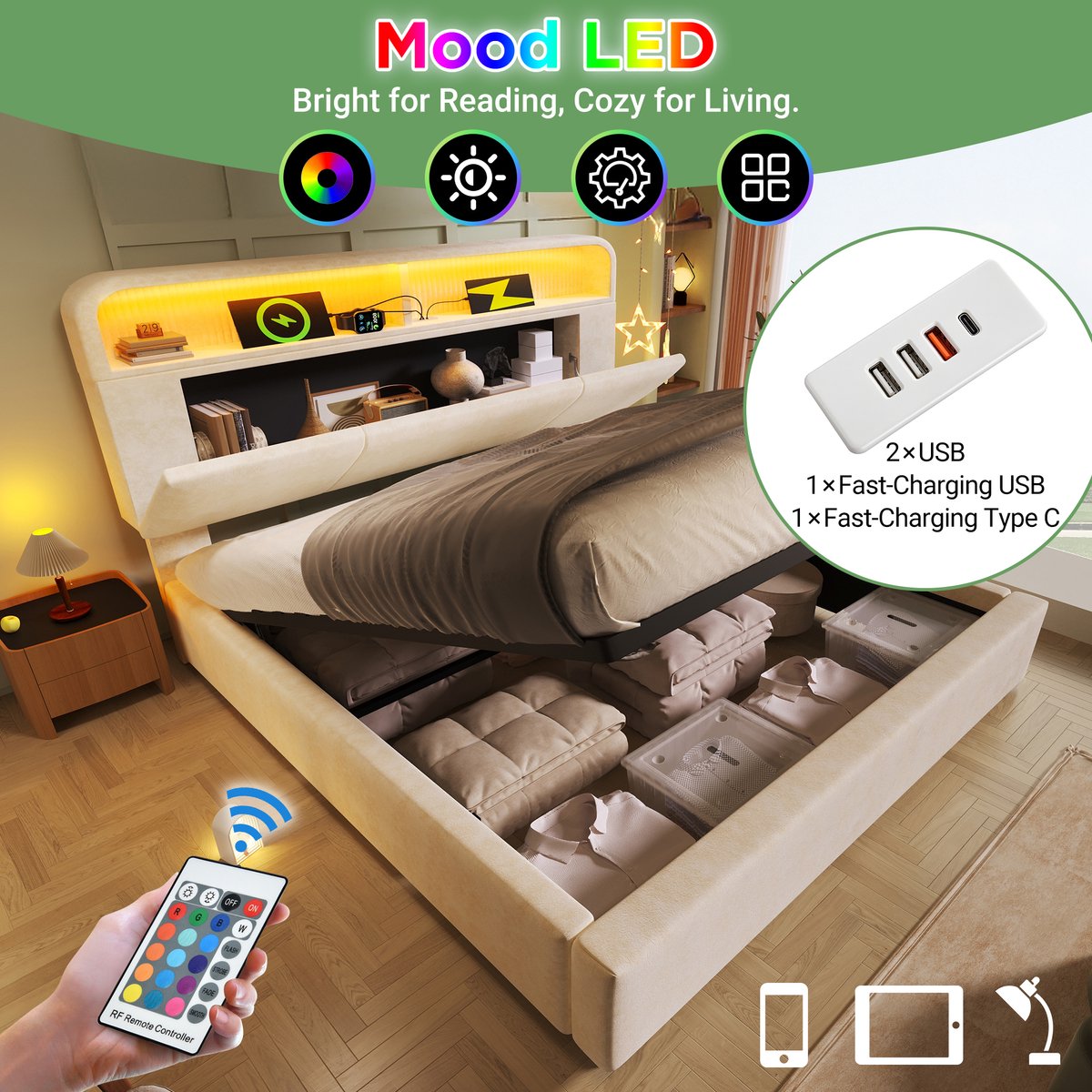 Gestoffeerd bed 180x200 met hydraulische opbergruimte en LED - 2-persoons - beige fluweel - Verstelbaar hoofdeinde met USB-C - Dimbare LED - 300 kg