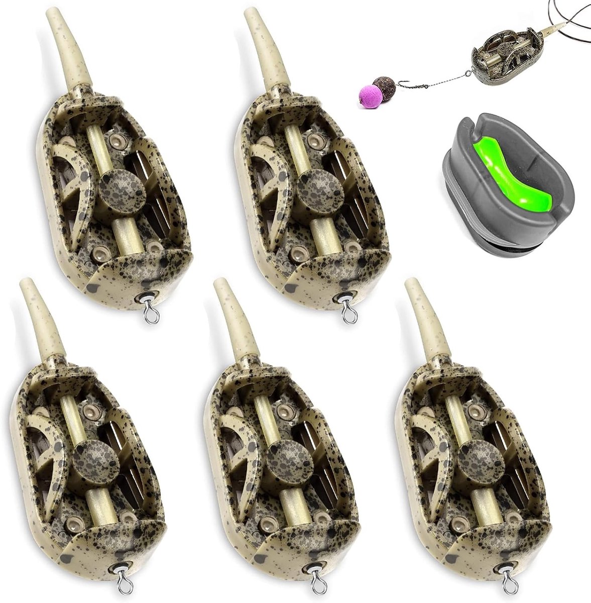 Complete Feeder Set voor Karpervissen, 5 Stuks, Inclusief Feeder Mand, Snelle Release Mal en Gewichten voor Perfecte Aaspresentatie met Pellets