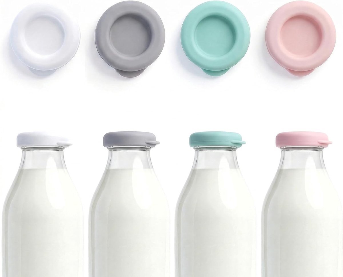 Herbruikbare siliconen deksels voor glazen melkflessen, kleurrijke sluitingen, 4 stuks, perfect voor verse melk en sap