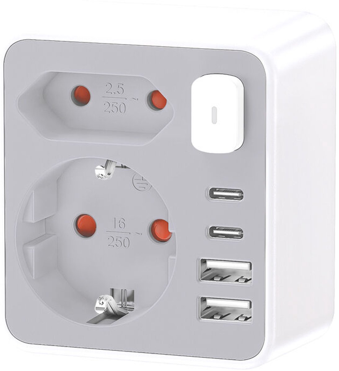 Technik Wandstekkerdoos 2-voudig - 2x USB-C - 2x USB-A - Met Aan/Uit Schakelaar - 230V