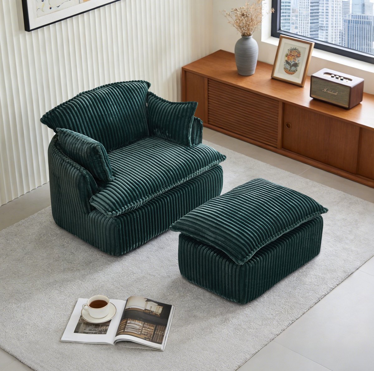 MIVRAY Fauteuil 115 x 89 x 77 cm - Met Hocker En Compressieverpakking Zonder Montage - Voor Woonkamer En Studentenwoning - Velvet Groen