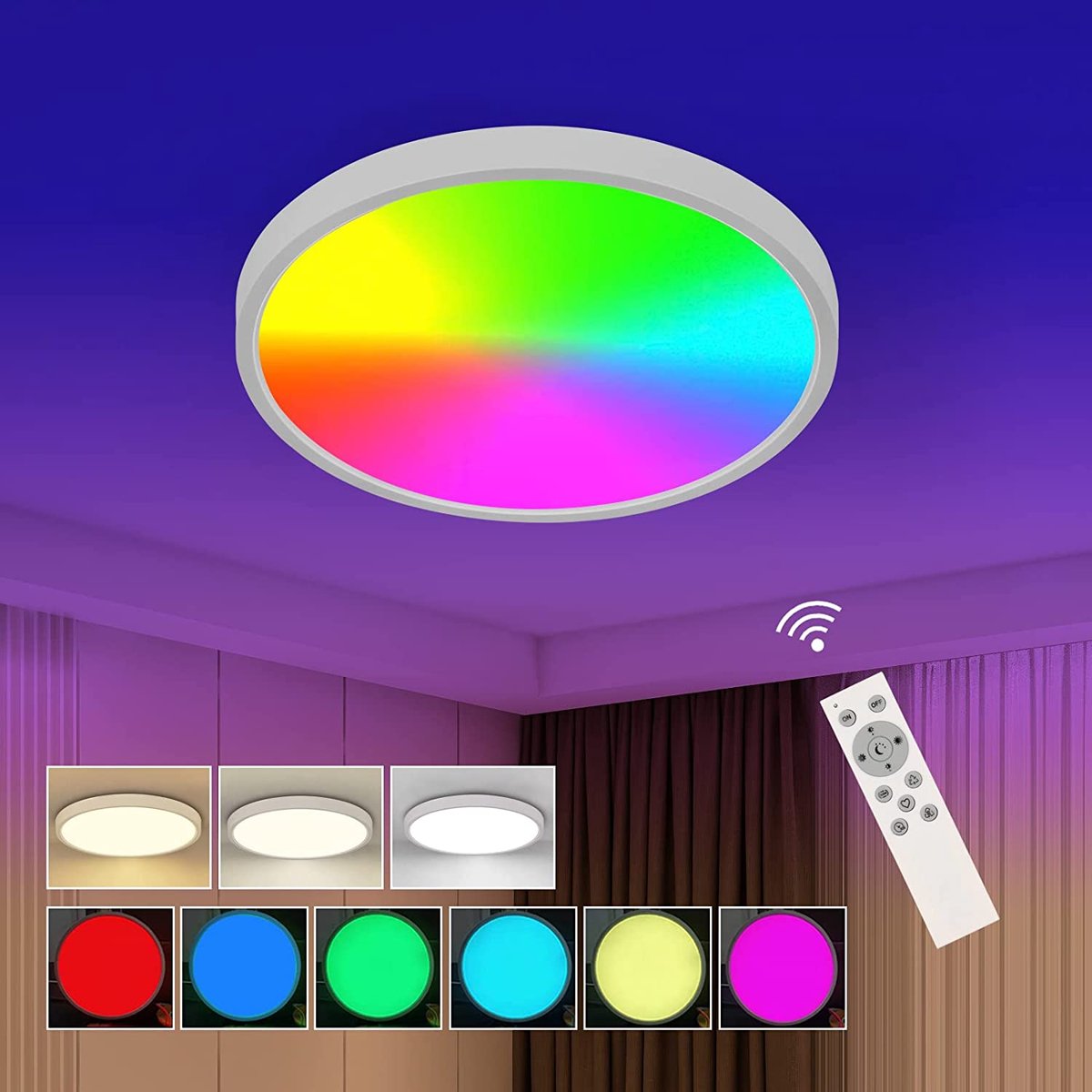 Riserva LED Plafondlamp Rond 22W Wit RGB Dimbaar met Afstandsbediening 2200lm 3000-6500K Modern