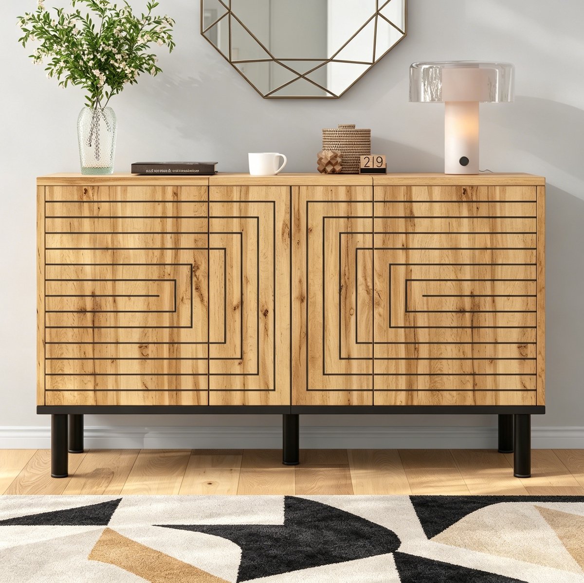 STILVORA Dressoir - 3 Deuren Met Push Open En Golfpatroon - Opbergkast Voor Woonkamer En Eetkamer - MDF En Spaanplaat - 120x35x68 Cm - Naturel