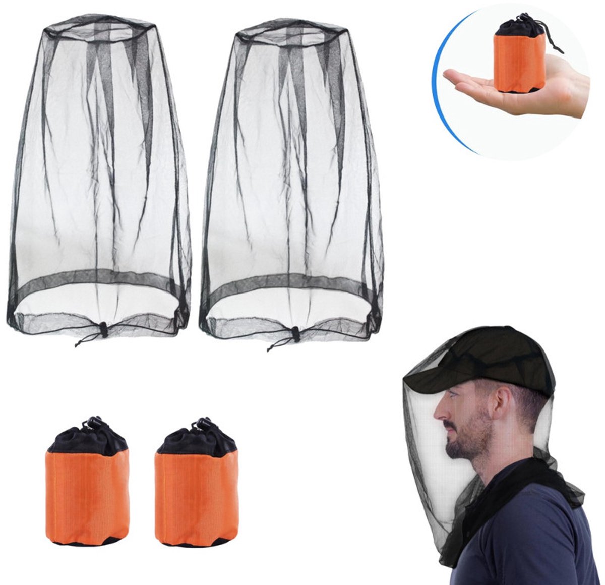 Anti-muggenhoofdnet (set van 2) – Muggenwerend hoofdnet voor de zomer / Insectenwerende gezichtssluier – Gaasnet voor kamperen, wandelen, vissen en tuinieren – Extra groot en extra lang – Ultrafijn gaas – 53 x 66 cm