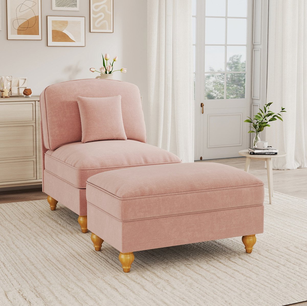 FloraGrace Fauteuil 78 x 83,5 x 93 cm - Inclusief Hocker En Afneembare Volant - Voor Woonkamer Of Kleine Ruimte - Chenille - Roze