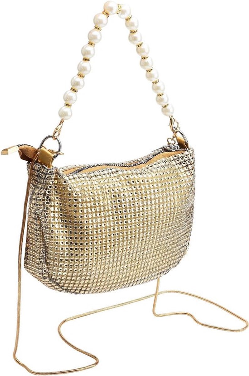 Elegante gouden glitter clutch voor dames - Avondtas met diamanten en afneembare ketting - Bruidshandtas voor gala en bruiloft