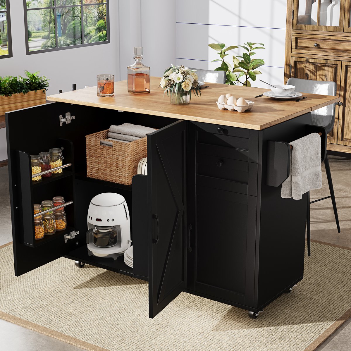 COVREO Keukeneiland 120 x 71,2 x 92 cm - opvouwbaar, met lades, wielen en opbergruimte, zwart