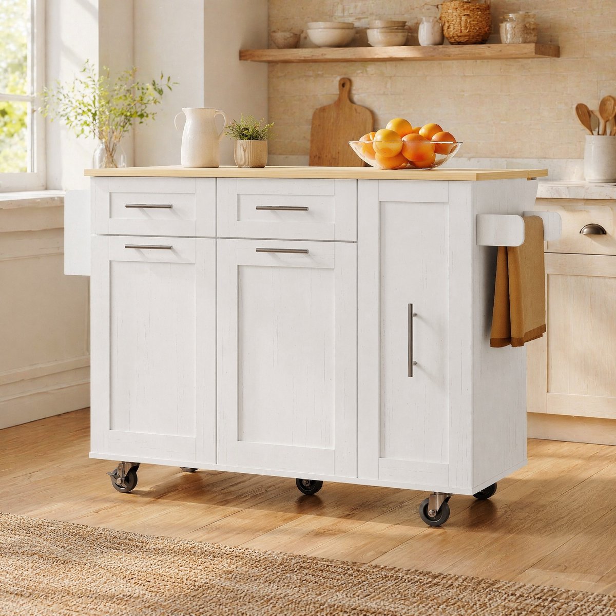 COVREO Keukenkast 110 x 46 x 90,5 cm - uitklapbaar blad, opbergruimte en wielen, wit