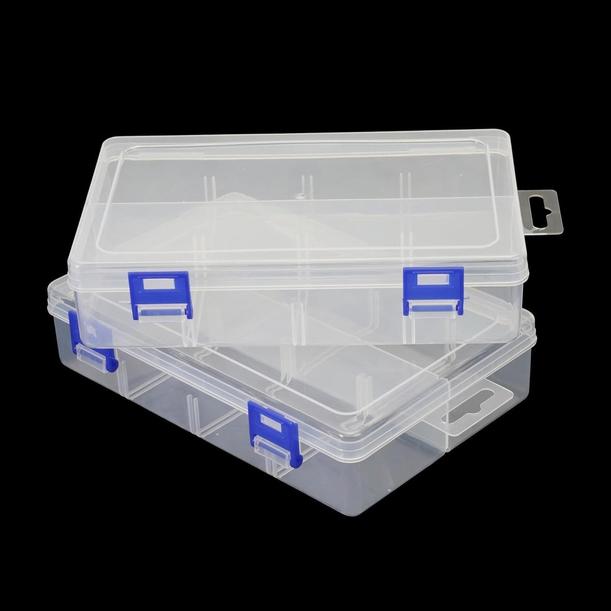Set van 2 stapelbare transparante plastic opbergdozen voor sieraden, accessoires en knutselmaterialen, 19.2 cm x 12.5 cm x 4.5 cm