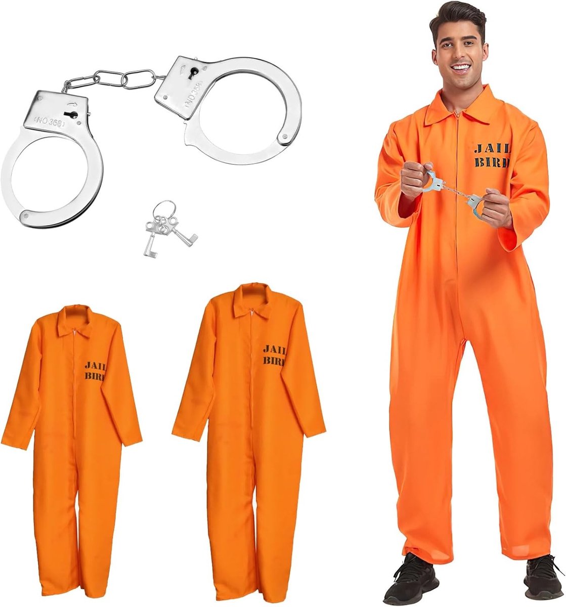 Oranje gevangenis kostuum met handboeien voor mannen en vrouwen, ideaal voor carnaval en cosplay, perfect voor feestjes en thema evenementen