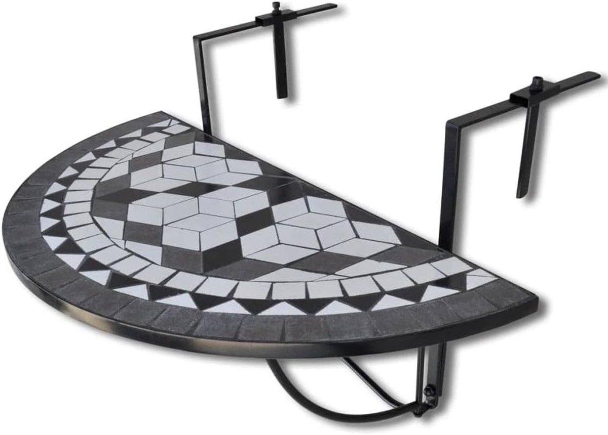 Balkonhangtafel Mozaïek - Balkontafel Hangend - Drankjes Plaatsen - Halfrond Design - 76 x 56 x 64 cm - Zwart Wit