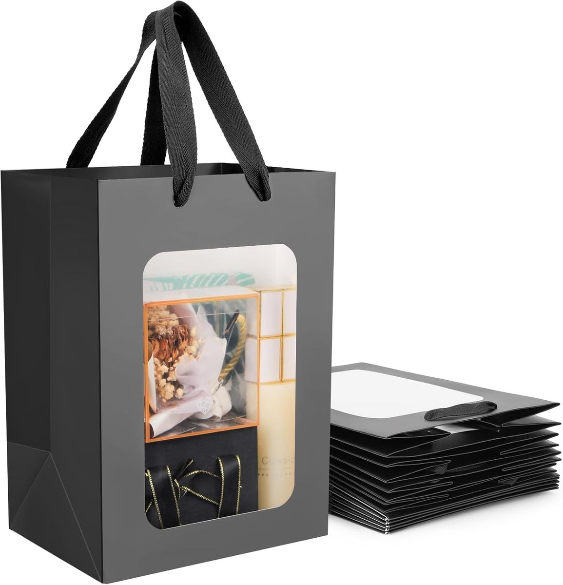 Set van 10 Zwarte Cadeauzakken met Venster - Stevig Papier 230 g/m² - Handige Verpakkingen voor Verjaardagen en Feestjes - 20 x 16 x 30 cm