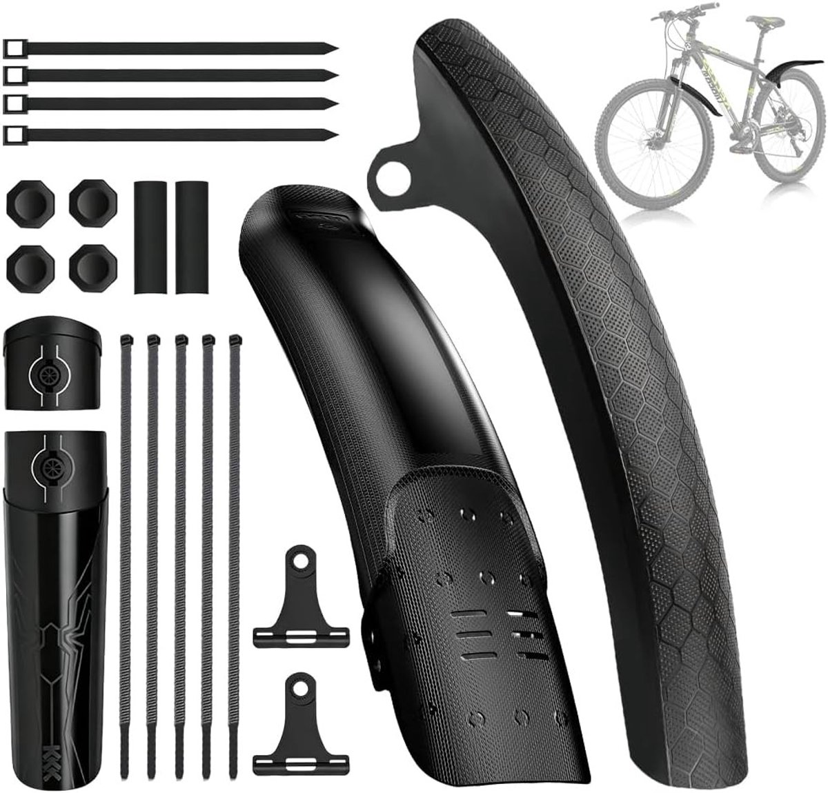 Afneembaar spatbord voor mountainbike, verstelbaar voor 26/27,5/29 inch, montage zonder boren, zwart nylon kunststof, beschermingsset inbegrepen