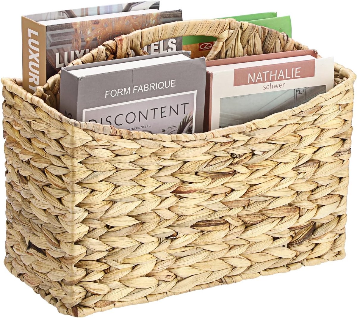 Woven Opbergmand van Waterhyacint met Handvat, Handgeschilderde Documenthouder voor Boeken, Tijdschriften en Papieren, 36 x 17 x 28 cm, Perfect voor Decoratie en Cadeaus