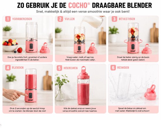 COCHO® Blender To Go - Smoothie Maker - Roze - Oplaadbare Mini Blender - Smoothies & Shakes - Draadloos & Draagbaar - Fruit Mixer - USB Oplaadbaar - 400ML van COCHO® — afbeelding 5