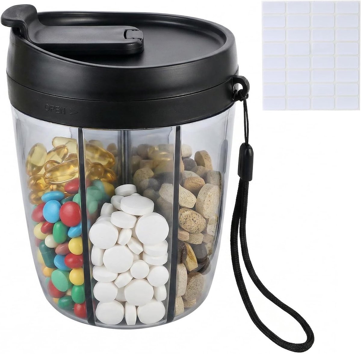 Wekelijkse pillendoos met 7 vakken en handvat, kunststof, voor medicijnopslag, zwart, 12 x 9 cm, handig en praktisch