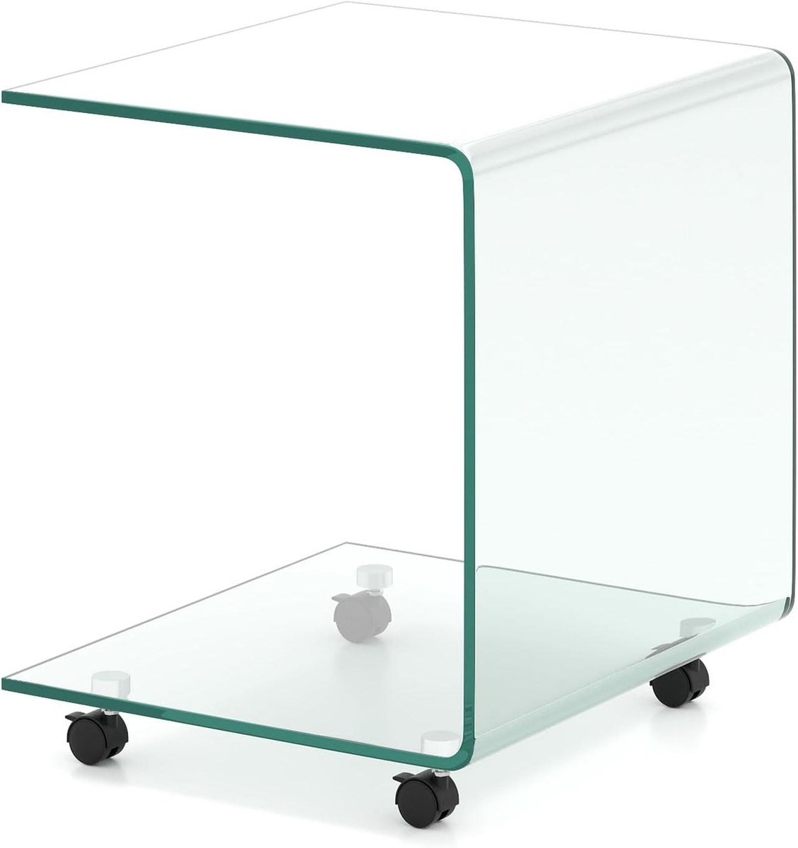 Glazen Bijzettafel - Salontafel C-vorm - Flexibele Opbergruimte - Met Parkeerrem - 39.5 x 45 x 48 cm - Transparant