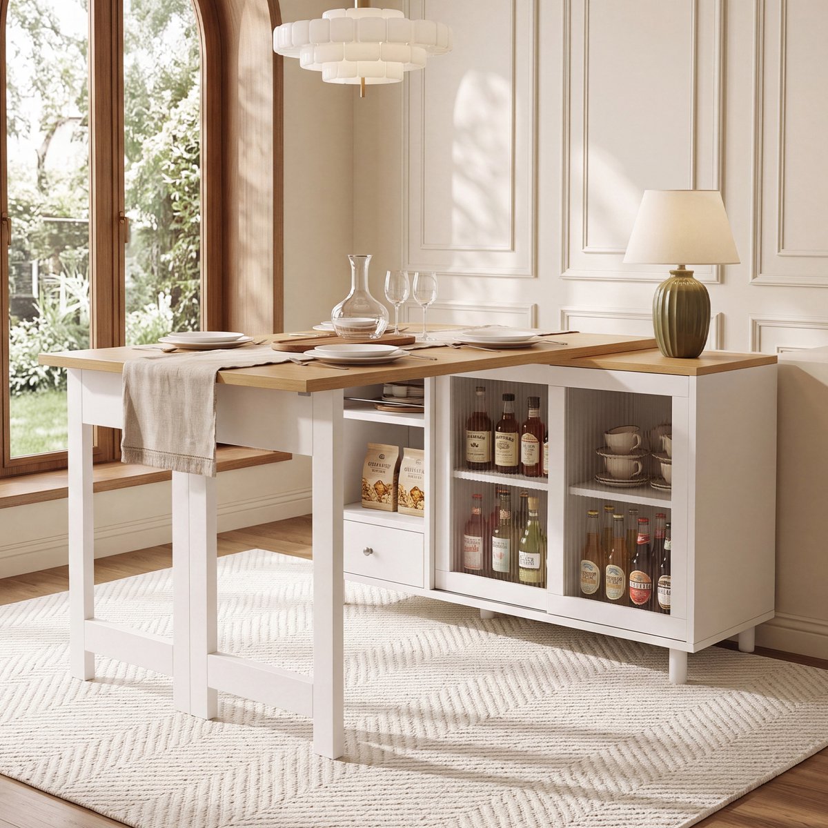 OKWISH Eettafel – Uitschuifbaar En Opklapbaar – 120 x 40 x 75,5 cm – Met Opbergruimte En Lade – Modern – MDF Wit Naturel