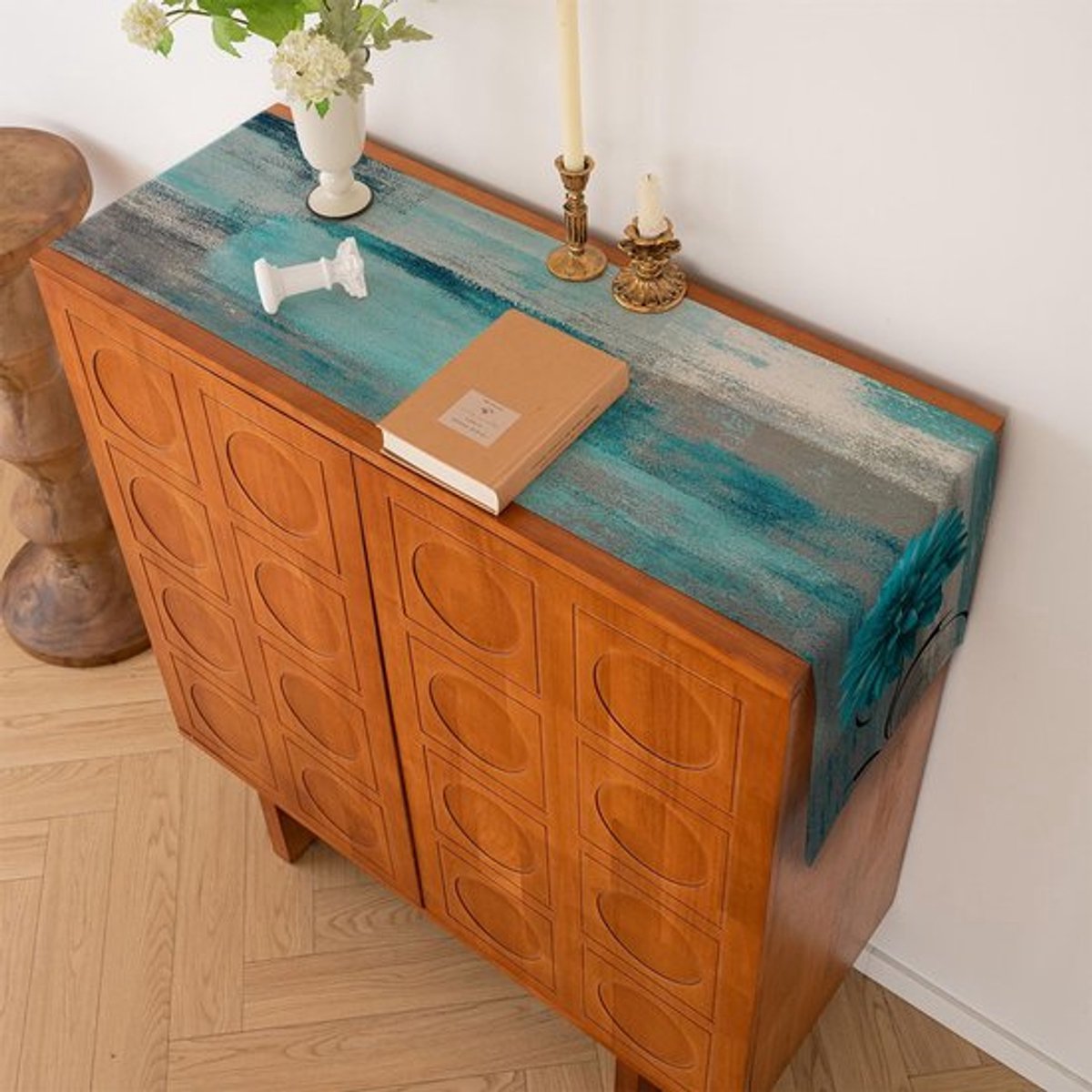 Tafelloper Turquoise Retro Tafelloper met Bloemen Boerderij Tafeldecoratie Rustieke Olieverf Tafelloper Accent Tafel Decoratief Doek 33 x 183 cm voor Keuken Koffie Vakantie Feesten Bruiloft
