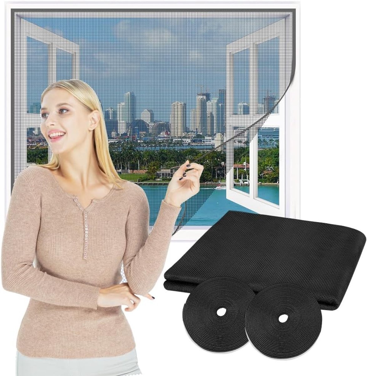 Vliegenscherm voor ramen, vlamvertragend glasvezel, 250 x 120 cm, snijbaar, insectennet, muggennet, eenvoudig te installeren zonder boren, zwart, ideaal voor thuisgebruik