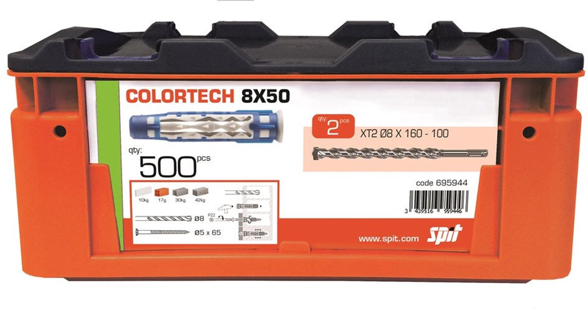 SPIT COLORTECH 8x50 500 STUKS + 2 BOREN IN KOFFER