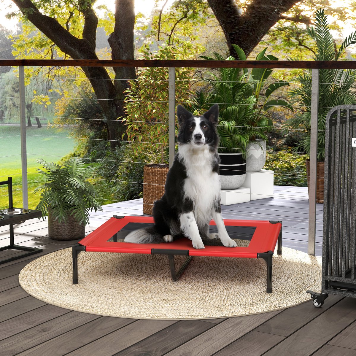 MIVRAY Dierenmand – Verhoogd En Ademend Hondenbed – 92 x 76 x 18 cm – Oxford Stof En Metaal – Rood – Voor Buiten En Grote Honden