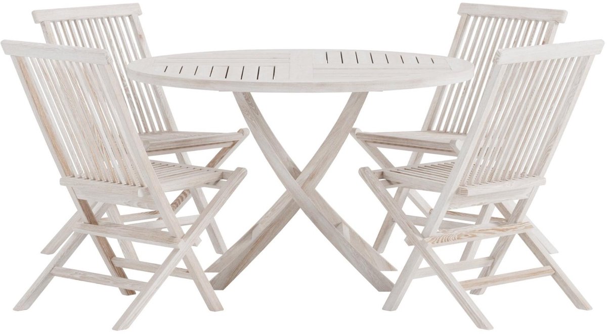 Kenya tuinmeubelset tafel Ø120cm wit 4 stoelen whitewash.