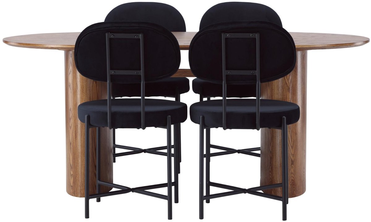 Isolde eethoek eettafel naturel 4 stoelen velours zwart.