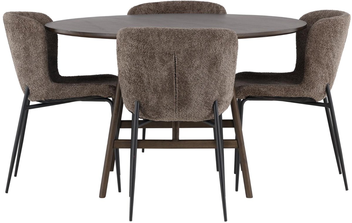 Kaseidon eethoek eettafel donkerbruin 4 stoelen bouclé bruin.