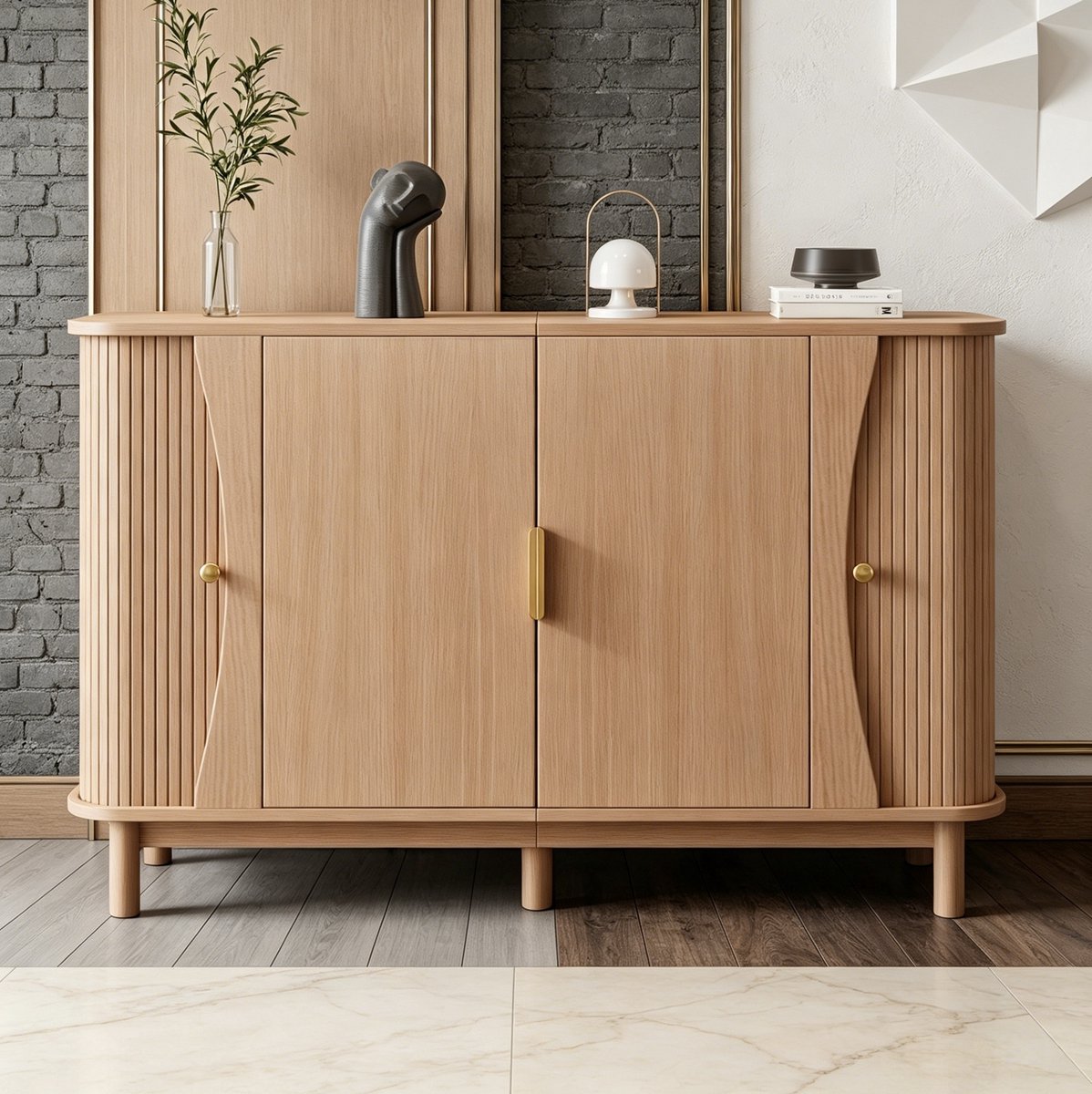 OKWISH Dressoir - Sideboard 140x40x88 cm - 2 Schuifdeuren - 3 Vakken Met Verstelbare Plank - Opbergkast Voor Woonkamer Hal Eetkamer - MDF Natural