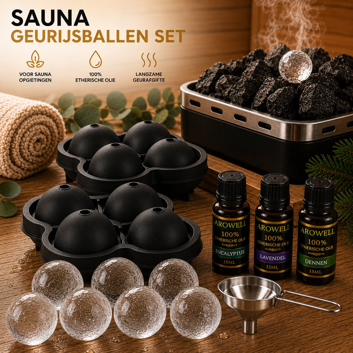 Arowell – Sauna Geurijsballen Set – 2 Vormen voor 8 IJsballen Ø 6 cm – Inclusief RVS Trechter en 3 x 15 ml Etherische Olie – Eucalyptus, Lavendel & Dennen