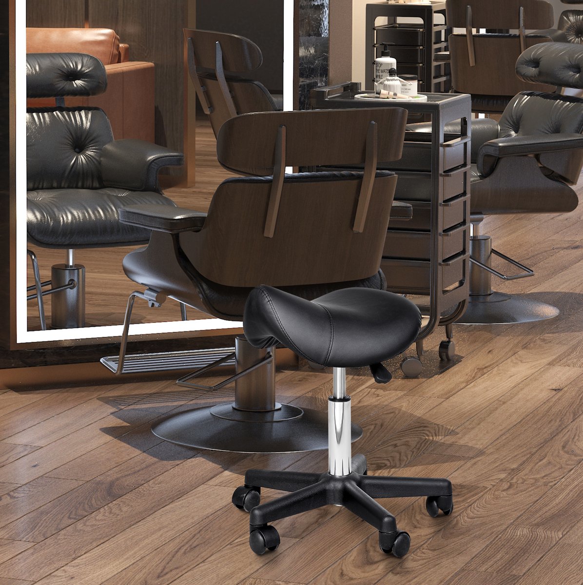 OKWISH Bureaukruk – Hoogteverstelbaar En 360 Draaibaar – Met Wielen Voor Salon En Kantoor – Kunstleer – Zwart